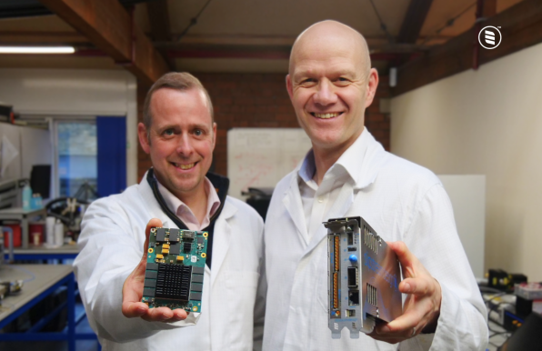 SED Phil with ASTRO (RFSoC SOM), left, and Mike with ASTRO Nova (PCIe), right, in the Slipstream Design Lab